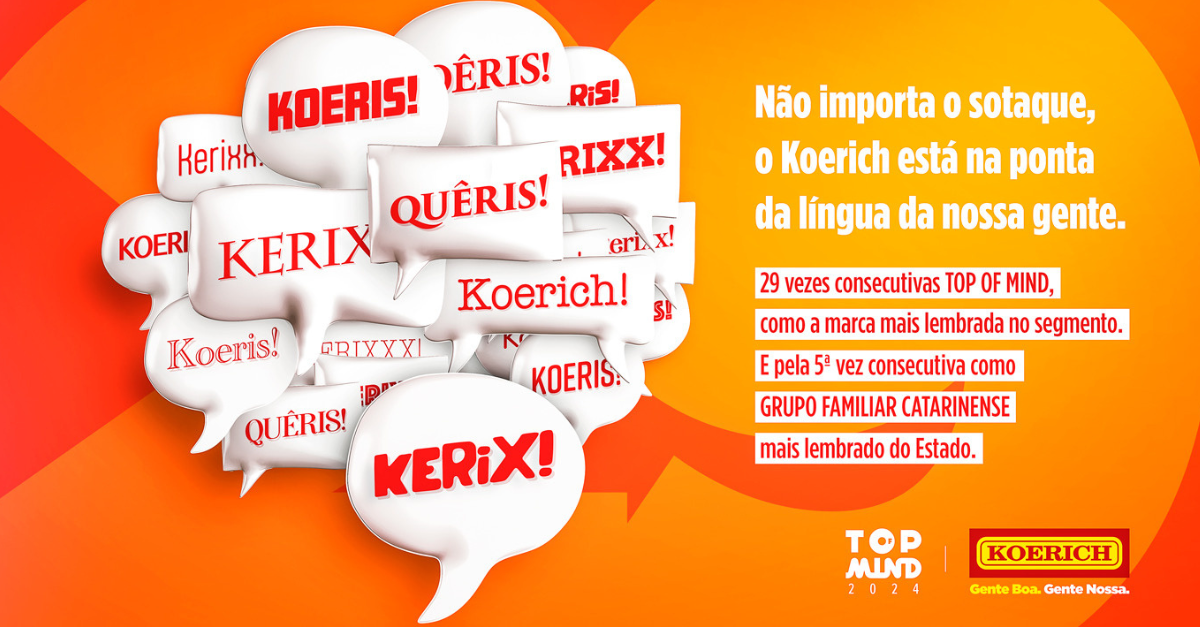 Vários balões de diálogo com as várias pronuncias do Koerich. Ao lado, texto informativo anuncia que o Koerich é 29 vezes top of mind.